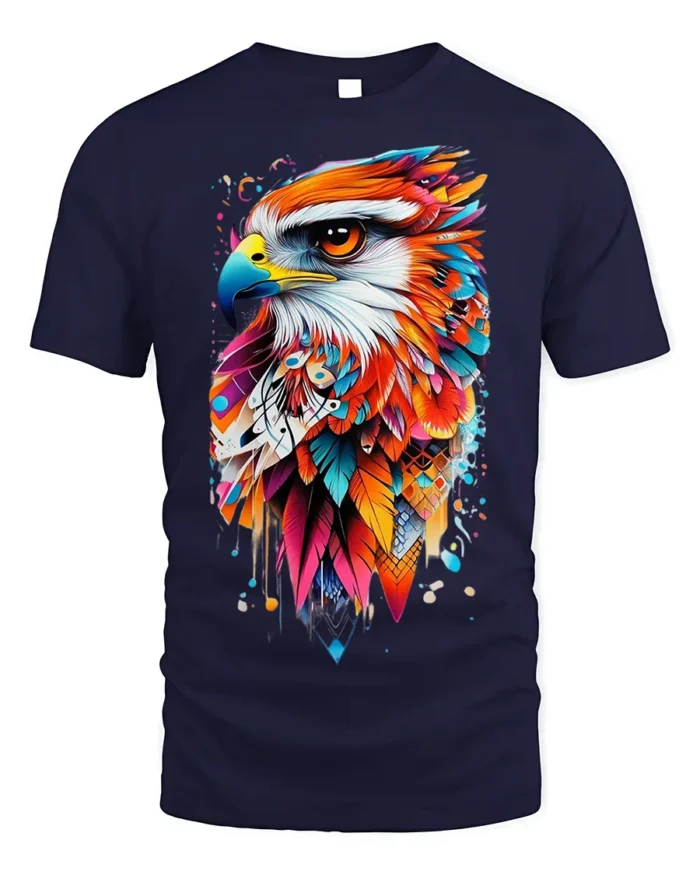 Colorful Eagle Art T-Shirt Bold Feather Graphic - navy t-shirt on white background