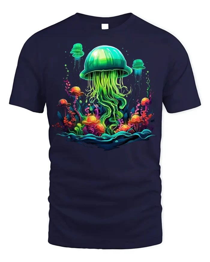 Glow in the Deep Jellyfish T-Shirt Vibrant Ocean - navy t-shirt on white background