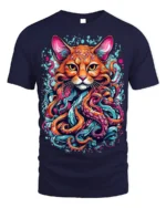 Psychedelic Cat Kraken T-Shirt Bold Octopus Tentacles - navy t-shirt on white background