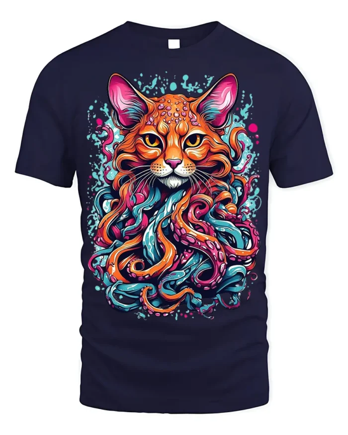 Psychedelic Cat Kraken T-Shirt Bold Octopus Tentacles - navy t-shirt on white background