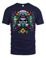 Toxic Skull Gas Mask T-Shirt Biohazard Warning Graphic - navy t-shirt on white background