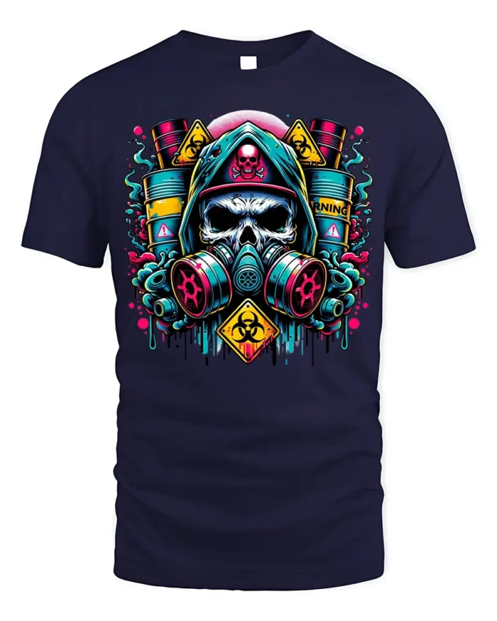 Toxic Skull Gas Mask T-Shirt Biohazard Warning Graphic - navy t-shirt on white background