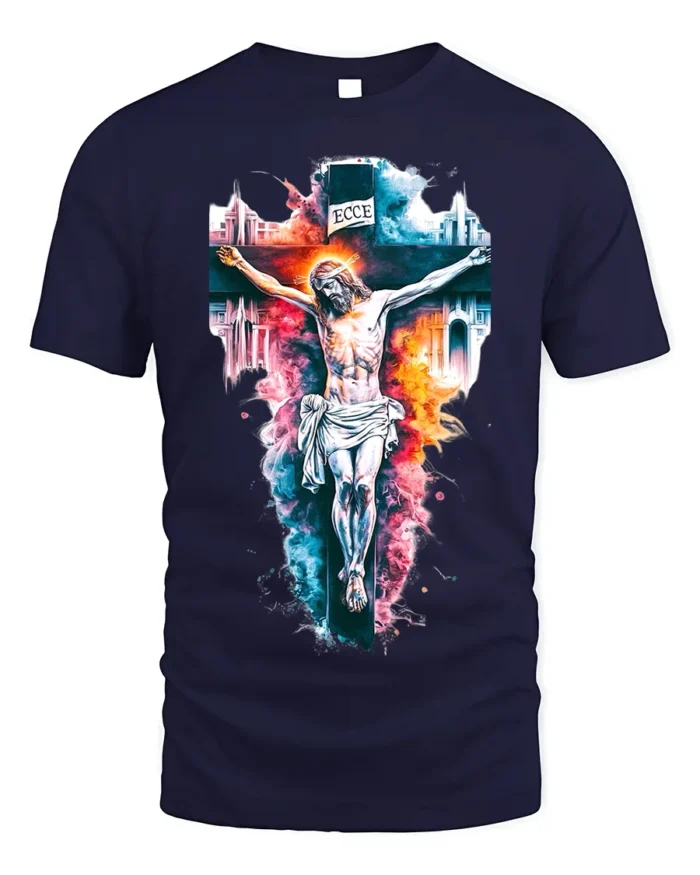 Jesus Crucifixion T-Shirt Christian Faith Graphic - navy t-shirt on white background
