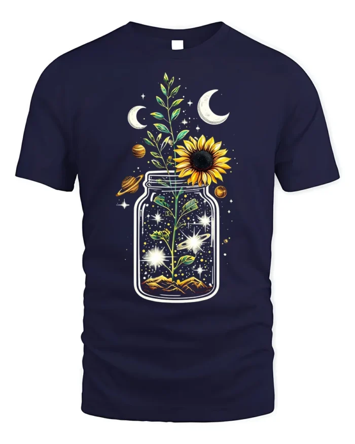 Cosmic Sunflower in Jar T-Shirt Nature Universe - navy t-shirt on white background