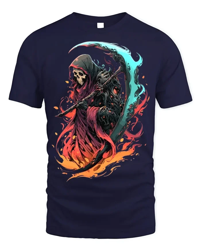 Fiery Grim Reaper T-Shirt Skull Scythe Flame Art - navy t-shirt on white background