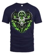 Green Demon Skull T-Shirt Horned Neon Gothic Art - navy t-shirt on white background