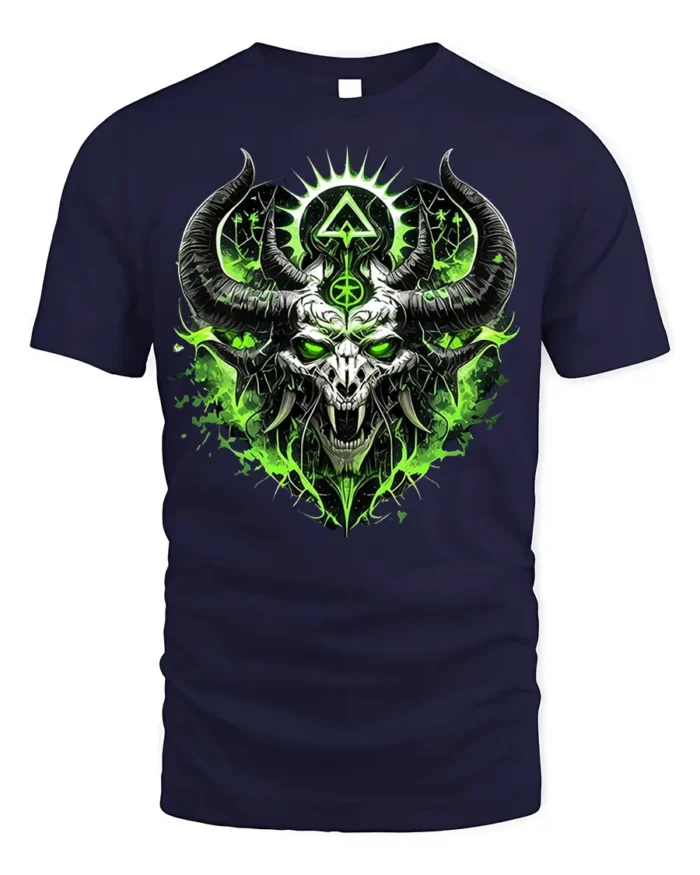 Green Demon Skull T-Shirt Horned Neon Gothic Art - navy t-shirt on white background