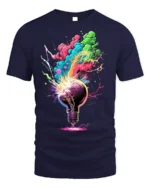 Exploding Lightbulb T-Shirt Neon Creative Burst - navy t-shirt on white background
