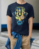 Mad Science Lab Face Graphic T-Shirt Cool Chemistry - model wearing navy shirt, hands in pockets