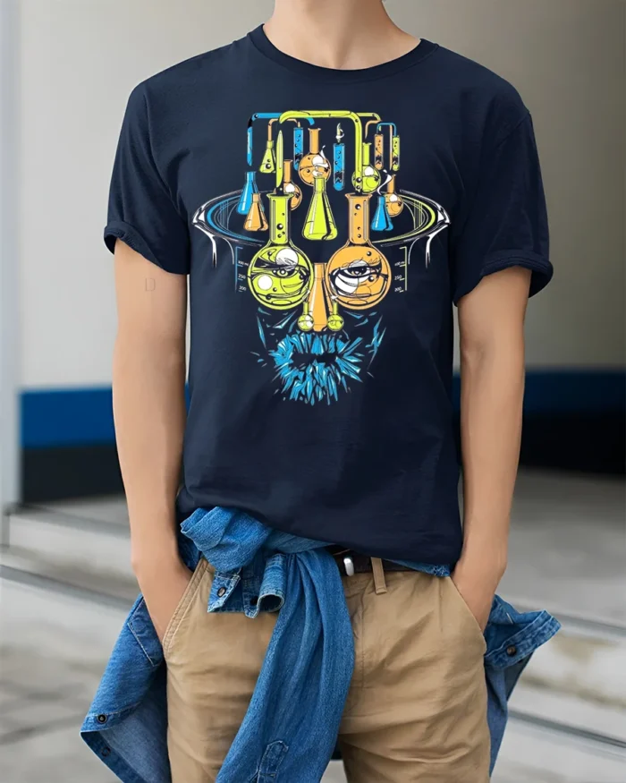 Mad Science Lab Face Graphic T-Shirt Cool Chemistry - model wearing navy shirt, hands in pockets