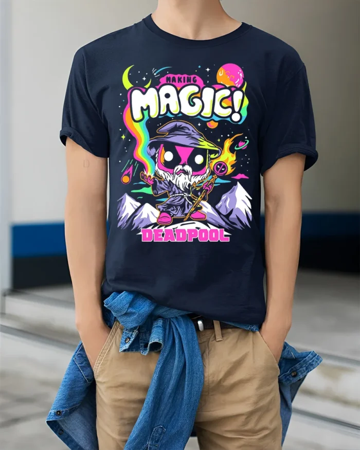 Making Magic Deadpool T-Shirt Funny Wizard Comic - model wearing navy shirt, hands in pockets