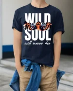 Wild Soul Tiger Eyes Graphic T-Shirt Soft Cotton - model wearing navy shirt, hands in pockets