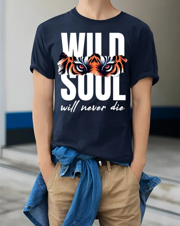 Wild Soul Tiger Eyes Graphic T-Shirt Soft Cotton - model wearing navy shirt, hands in pockets