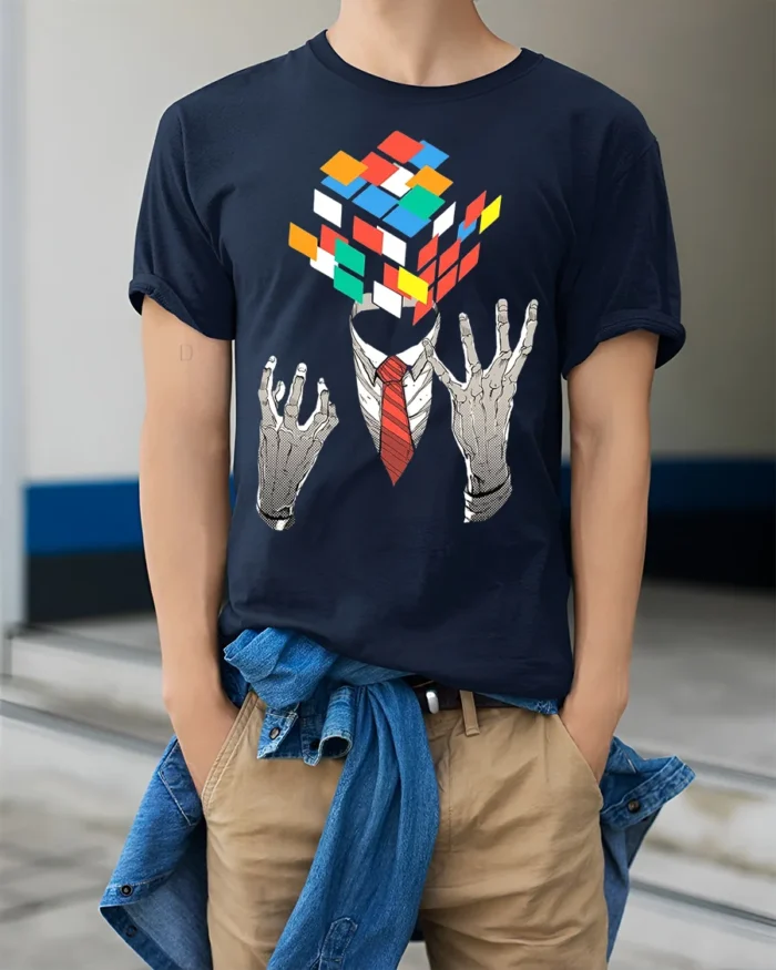 Mind Puzzle Rubik’s Cube Head T-Shirt Soft Cotton - model wearing navy shirt, hands in pockets
