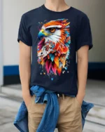 Colorful Eagle Art T-Shirt Bold Feather Graphic - model wearing navy shirt, hands in pockets