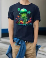 Glow in the Deep Jellyfish T-Shirt Vibrant Ocean - model wearing navy shirt, hands in pockets