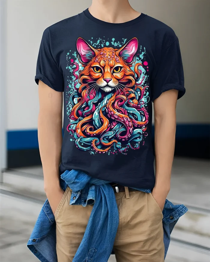 Psychedelic Cat Kraken T-Shirt Bold Octopus Tentacles - model wearing navy shirt, hands in pockets