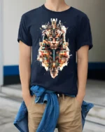 Futuristic Pharaoh T-Shirt Sci Fi Egyptian King Graphic - model wearing navy shirt, hands in pockets