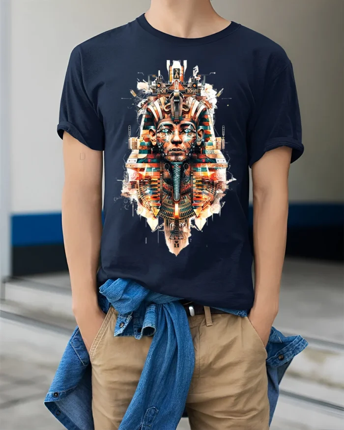 Futuristic Pharaoh T-Shirt Sci Fi Egyptian King Graphic - model wearing navy shirt, hands in pockets