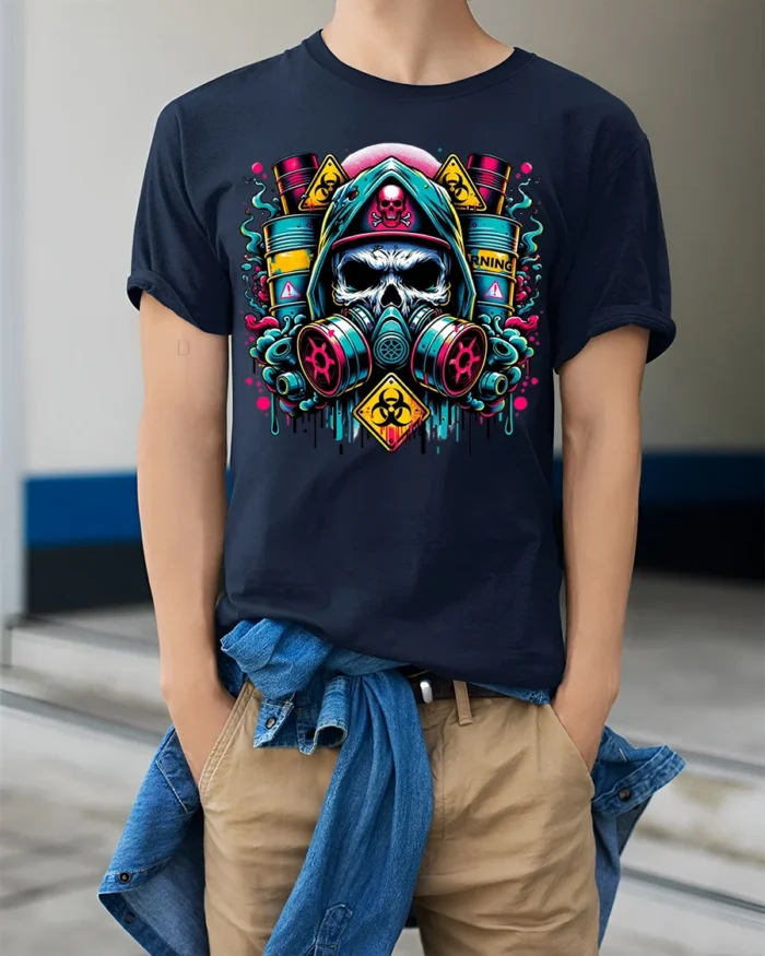 Toxic Skull Gas Mask T-Shirt Biohazard Warning Graphic - model wearing navy shirt, hands in pockets