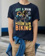 Just a Man Who Loves Mountain Biking T-Shirt Rider - model wearing navy shirt, hands in pockets