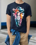 Jesus Crucifixion T-Shirt Christian Faith Graphic - model wearing navy shirt, hands in pockets