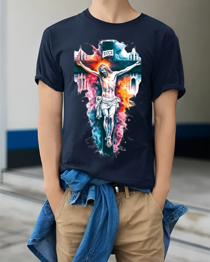Jesus Crucifixion T-Shirt Christian Faith Graphic - model wearing navy shirt, hands in pockets
