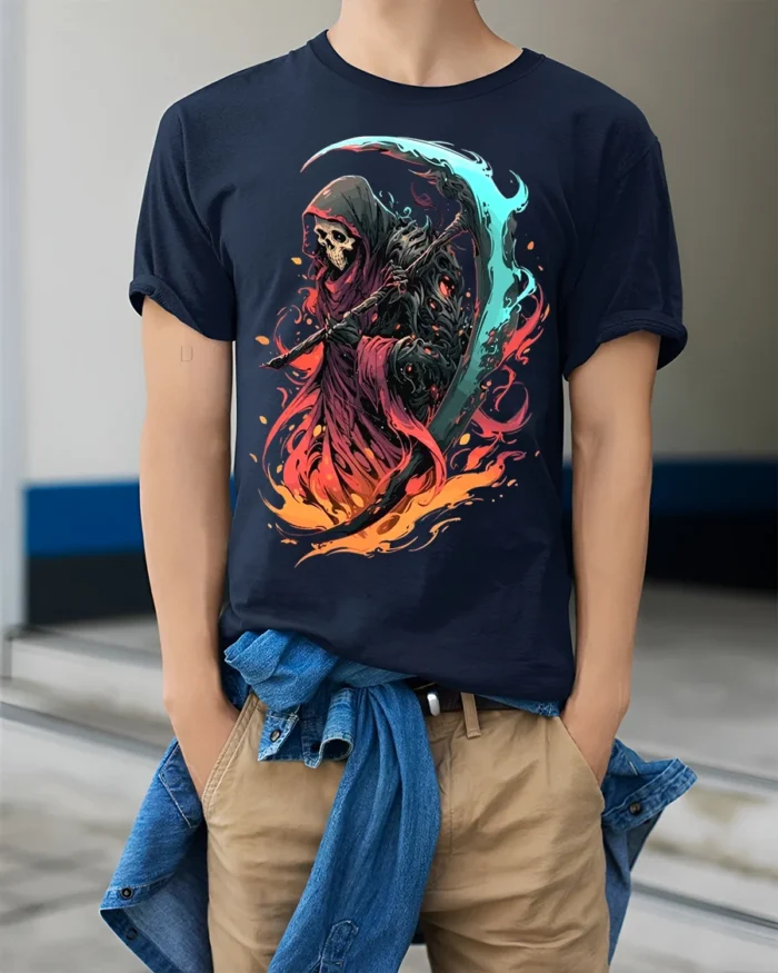 Fiery Grim Reaper T-Shirt Skull Scythe Flame Art - model wearing navy shirt, hands in pockets