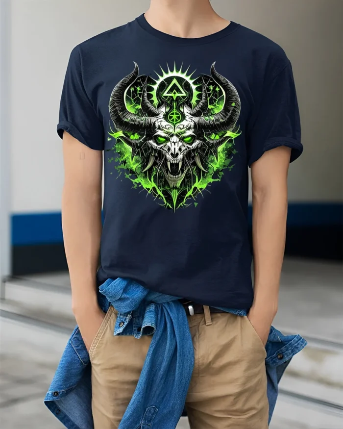 Green Demon Skull T-Shirt Horned Neon Gothic Art - model wearing navy shirt, hands in pockets