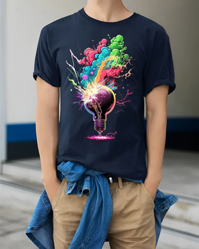 Exploding Lightbulb T-Shirt Neon Creative Burst - model wearing navy shirt, hands in pockets
