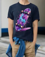 Skateboard Splash T-Shirt Colorful Street Style - model wearing navy shirt, hands in pockets
