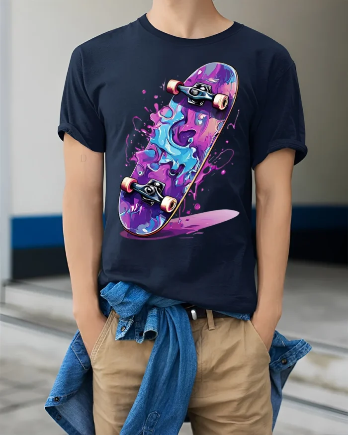 Skateboard Splash T-Shirt Colorful Street Style - model wearing navy shirt, hands in pockets