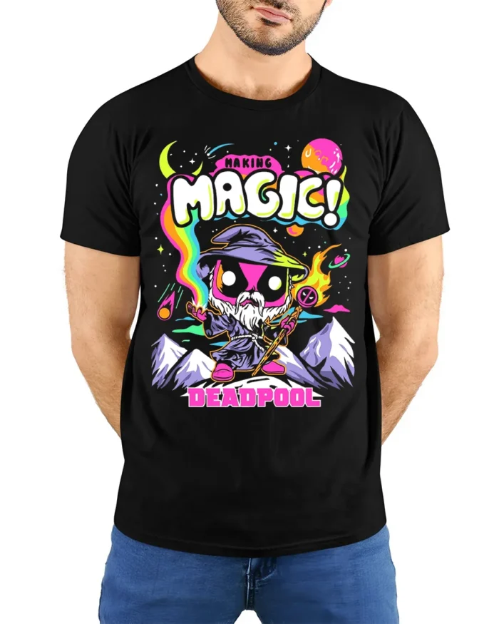 Making Magic Deadpool T-Shirt Funny Wizard Comic - model wearing black shirt, hands behind back