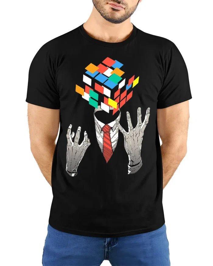 Mind Puzzle Rubik’s Cube Head T-Shirt Soft Cotton - model wearing black shirt, hands behind back