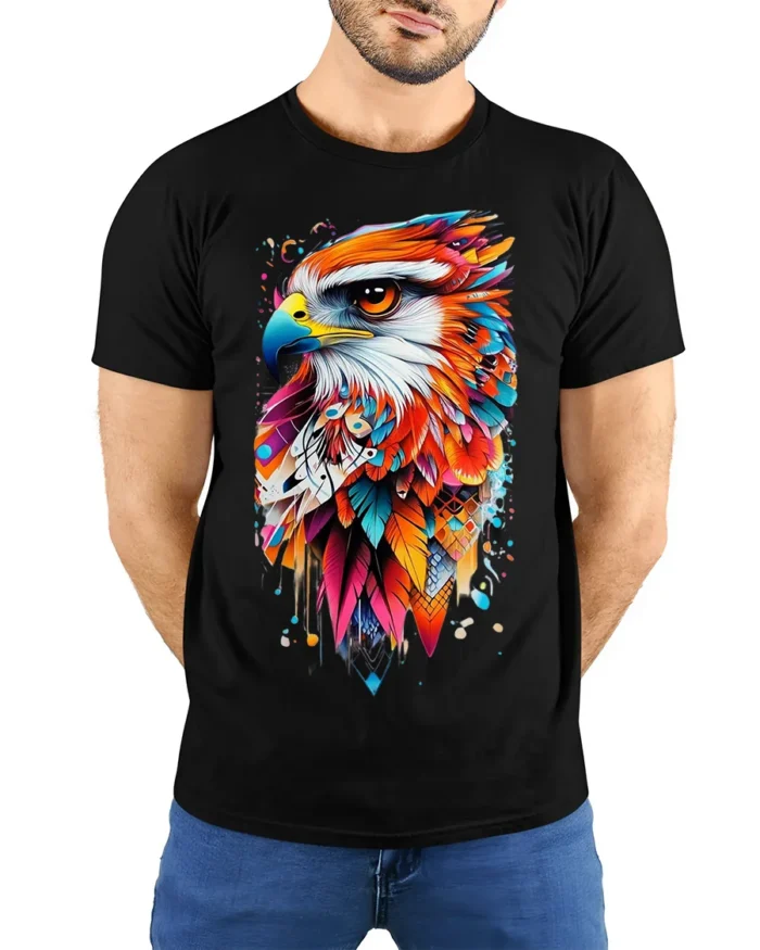Colorful Eagle Art T-Shirt Bold Feather Graphic - model wearing black shirt, hands behind back