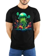 Glow in the Deep Jellyfish T-Shirt Vibrant Ocean - model wearing black shirt, hands behind back