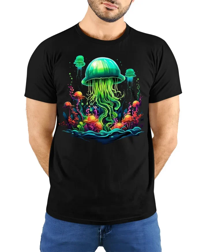 Glow in the Deep Jellyfish T-Shirt Vibrant Ocean - model wearing black shirt, hands behind back