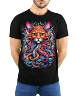 Psychedelic Cat Kraken T-Shirt Bold Octopus Tentacles - model wearing black shirt, hands behind back
