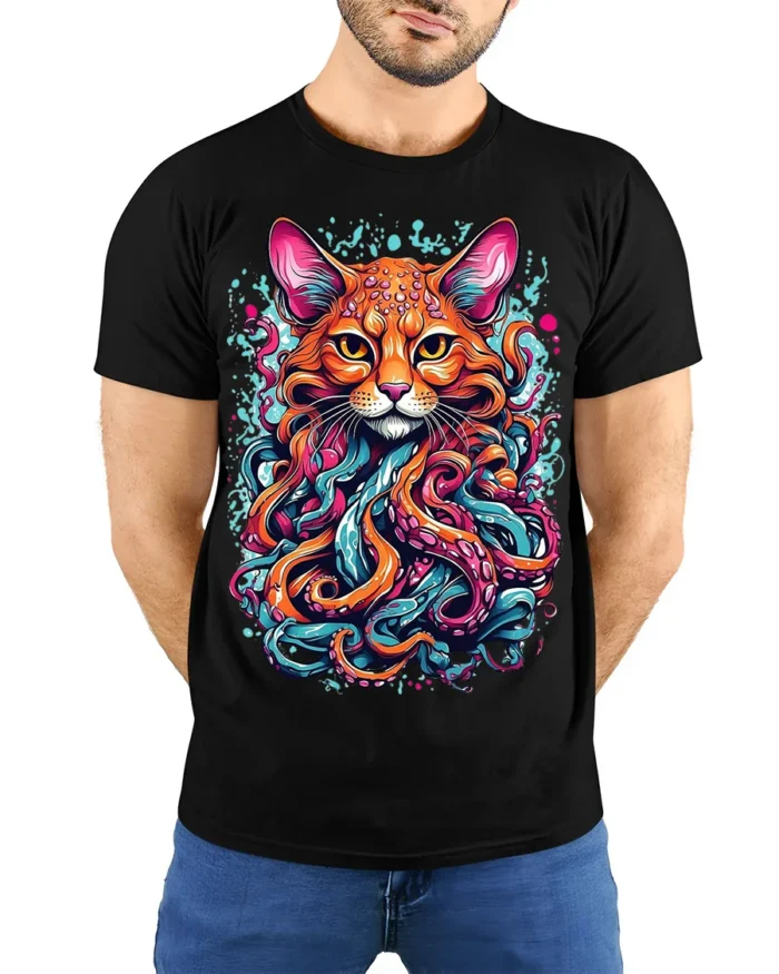 Psychedelic Cat Kraken T-Shirt Bold Octopus Tentacles - model wearing black shirt, hands behind back
