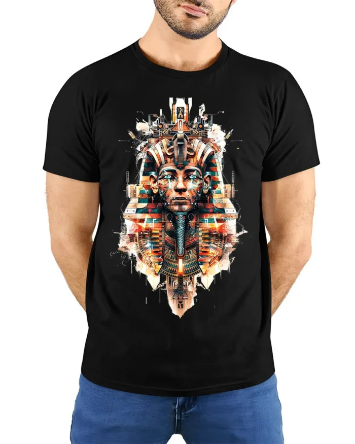 Futuristic Pharaoh T-Shirt Sci Fi Egyptian King Graphic - model wearing black shirt, hands behind back