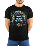 Toxic Skull Gas Mask T-Shirt Biohazard Warning Graphic - model wearing black shirt, hands behind back