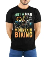 Just a Man Who Loves Mountain Biking T-Shirt Rider - model wearing black shirt, hands behind back