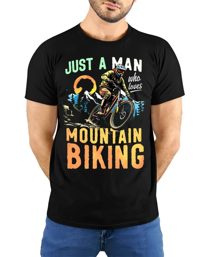 Just a Man Who Loves Mountain Biking T-Shirt Rider - model wearing black shirt, hands behind back
