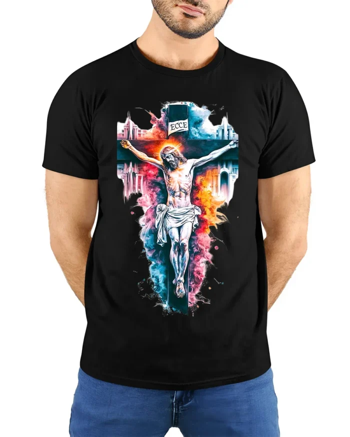 Jesus Crucifixion T-Shirt Christian Faith Graphic - model wearing black shirt, hands behind back