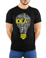 Creative Idea Lightbulb T-Shirt Motivational Graphic - model wearing black shirt, hands behind back