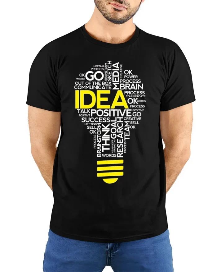 Creative Idea Lightbulb T-Shirt Motivational Graphic - model wearing black shirt, hands behind back