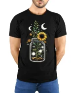 Cosmic Sunflower in Jar T-Shirt Nature Universe - model wearing black shirt, hands behind back