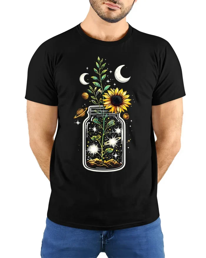 Cosmic Sunflower in Jar T-Shirt Nature Universe - model wearing black shirt, hands behind back