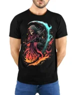 Fiery Grim Reaper T-Shirt Skull Scythe Flame Art - model wearing black shirt, hands behind back