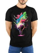 Exploding Lightbulb T-Shirt Neon Creative Burst - model wearing black shirt, hands behind back